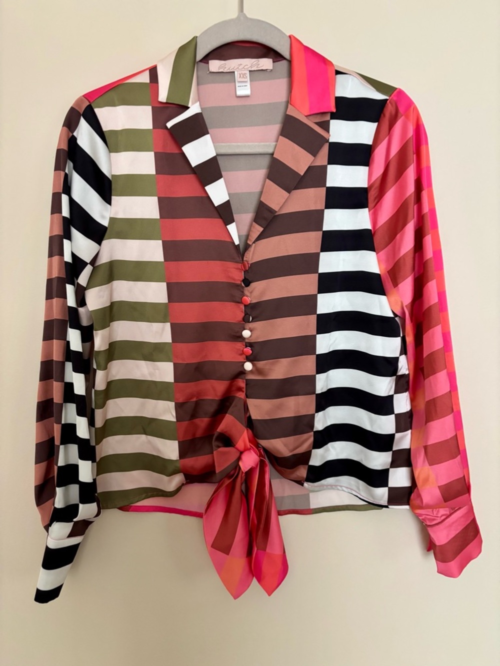 Hutch Carys Satin Bold Multicolored Striped Tie-Front Collared Blouse - Sz XXS